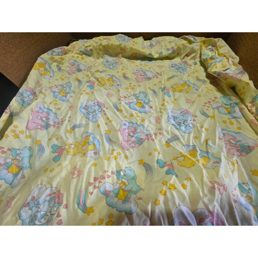 Vtg Care Bears Fitted Sheet Yellow 80s crib Bedding Rainbow Stars Cloud 48x24